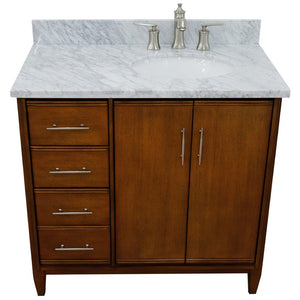Bellaterra 37" Single Vanity in Walnut Finish with Counter Top and Sink - Right Door/Right Sink 400901-37R-WA, White Carrara Marble / Oval, Top