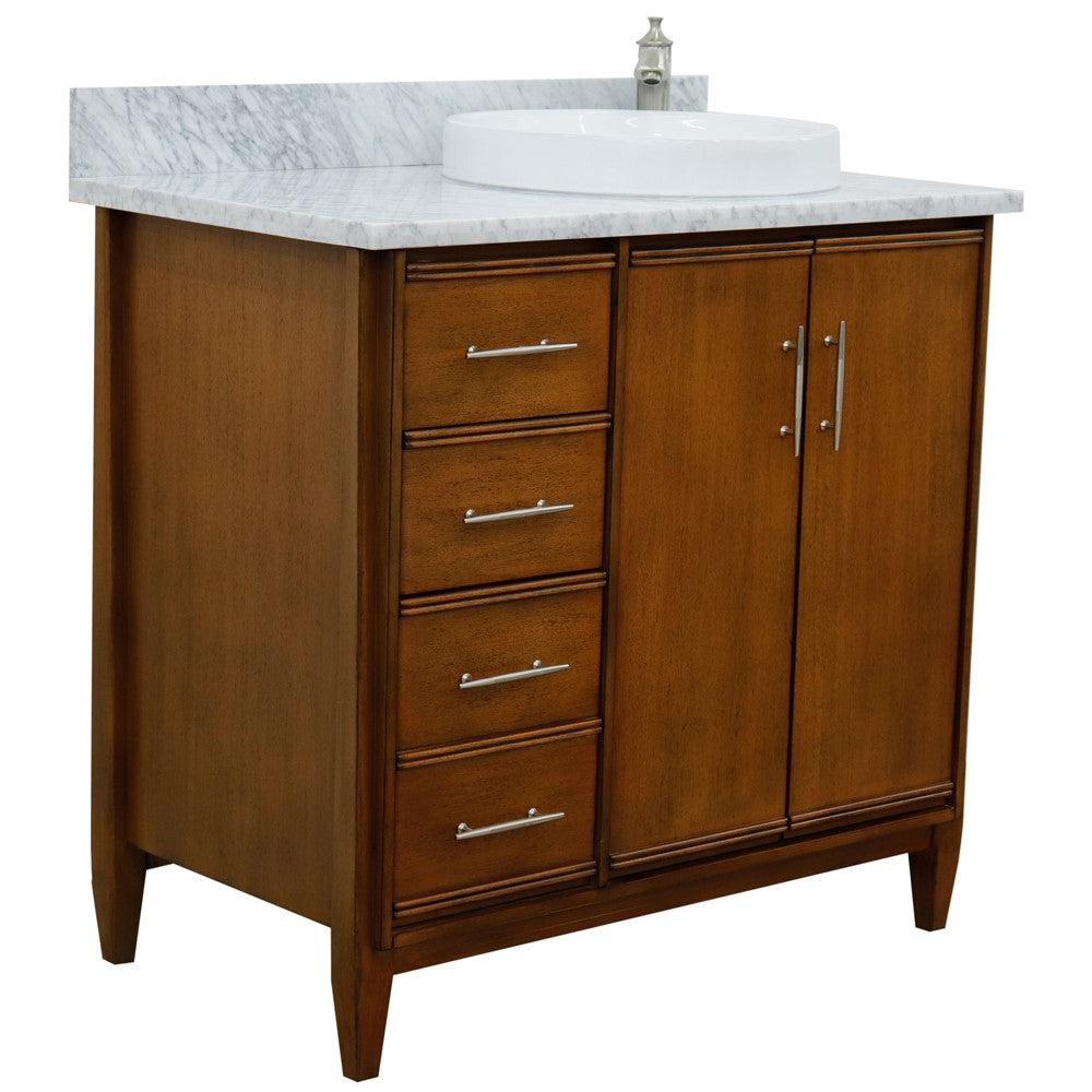 Bellaterra 37" Single Vanity in Walnut Finish with Counter Top and Sink - Right Door/Right Sink 400901-37R-WA, White Carrara Marble / Round, Front