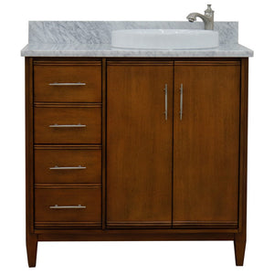 Bellaterra 37" Single Vanity in Walnut Finish with Counter Top and Sink - Right Door/Right Sink 400901-37R-WA, White Carrara Marble / Round, Front