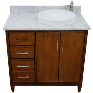 Bellaterra 37" Single Vanity in Walnut Finish with Counter Top and Sink - Right Door/Right Sink 400901-37R-WA, White Carrara Marble / Round, Top 