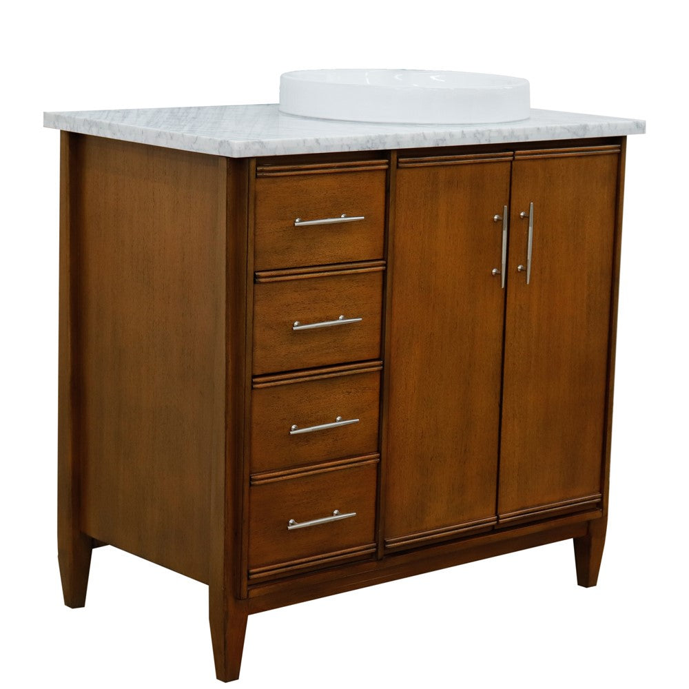 Bellaterra 37" Single Vanity in Walnut Finish with Counter Top and Sink - Right Door/Right Sink 400901-37R-WA, White Carrara Marble / Round, Front