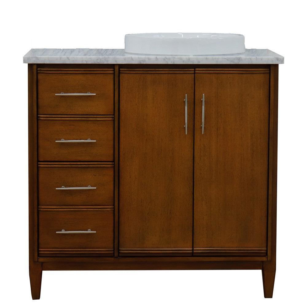 Bellaterra 37" Single Vanity in Walnut Finish with Counter Top and Sink - Right Door/Right Sink 400901-37R-WA, White Carrara Marble / Round, Front