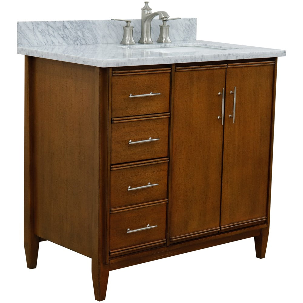 Bellaterra 37" Single Vanity in Walnut Finish with Counter Top and Sink - Right Door/Right Sink 400901-37R-WA, White Carrara Marble / Rectangle, Front