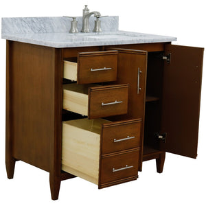 Bellaterra 37" Single Vanity in Walnut Finish with Counter Top and Sink - Right Door/Right Sink 400901-37R-WA, White Carrara Marble / Rectangle, Open drawer