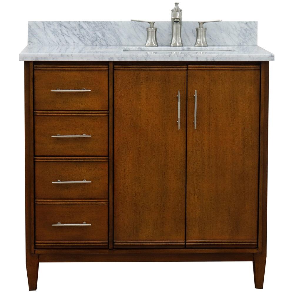 Bellaterra 37" Single Vanity in Walnut Finish with Counter Top and Sink - Right Door/Right Sink 400901-37R-WA, White Carrara Marble / Rectangle, Front
