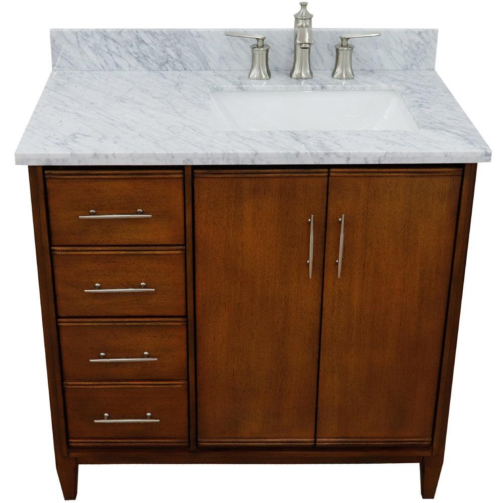 Bellaterra 37" Single Vanity in Walnut Finish with Counter Top and Sink - Right Door/Right Sink 400901-37R-WA, White Carrara Marble / Rectangle, Top View