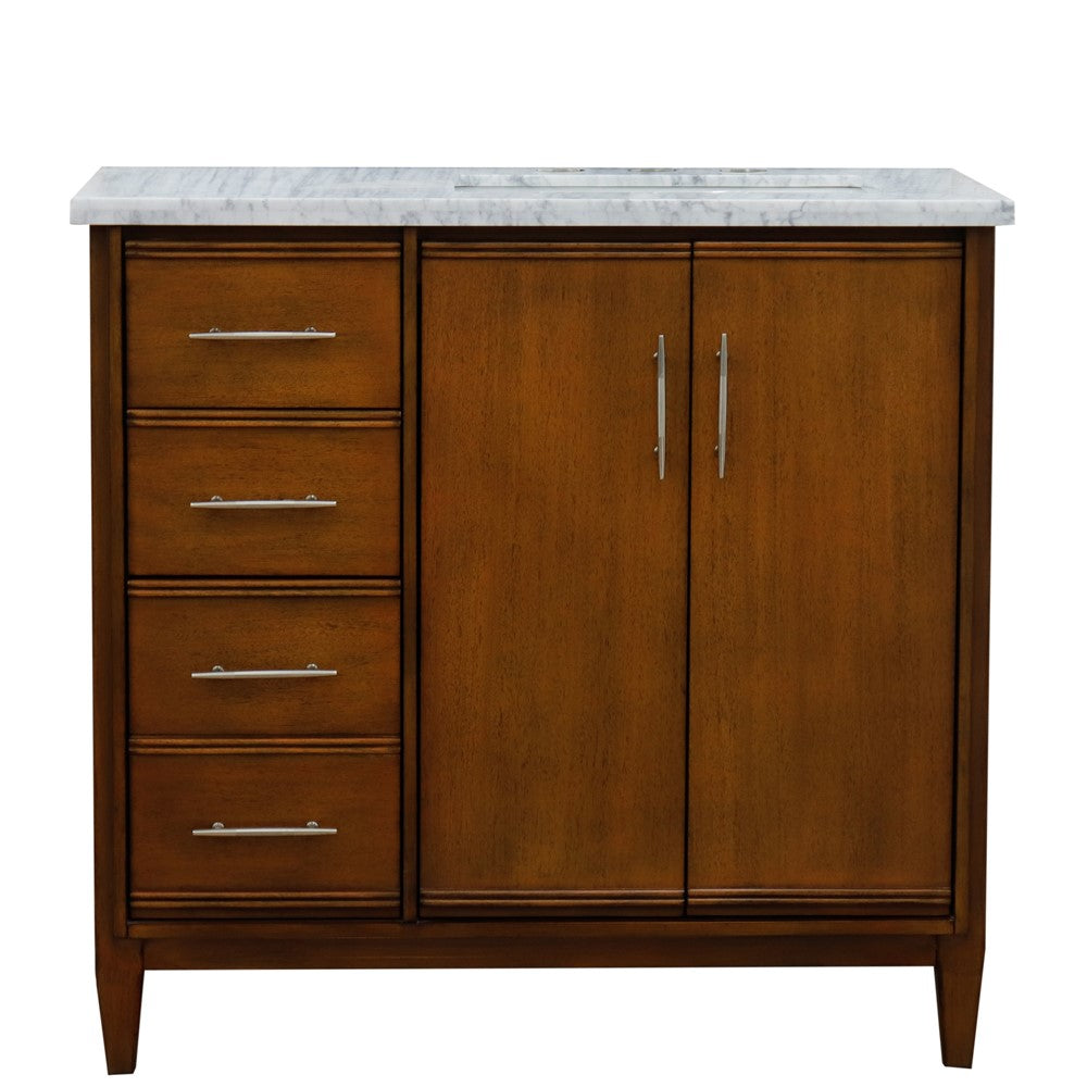 Bellaterra 37" Single Vanity in Walnut Finish with Counter Top and Sink - Right Door/Right Sink 400901-37R-WA, White Carrara Marble / Rectangle, Front