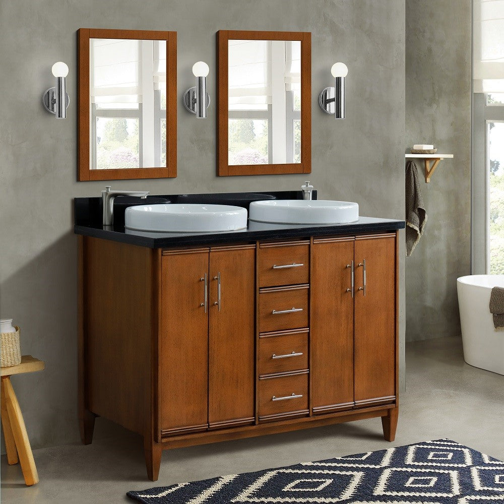 Bellaterra 49" Double Sink Vanity in Walnut Finish with Counter Top and Sink 400901-49D-WA, Black Galaxy Granite / Round, Front