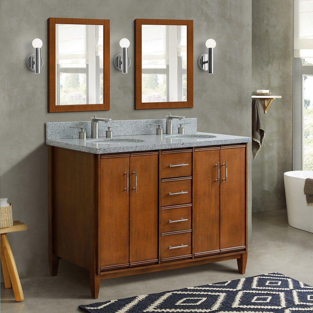 Bellaterra 49" Double Sink Vanity in Walnut Finish with Counter Top and Sink 400901-49D-WA, Gray Granite / Oval, Front