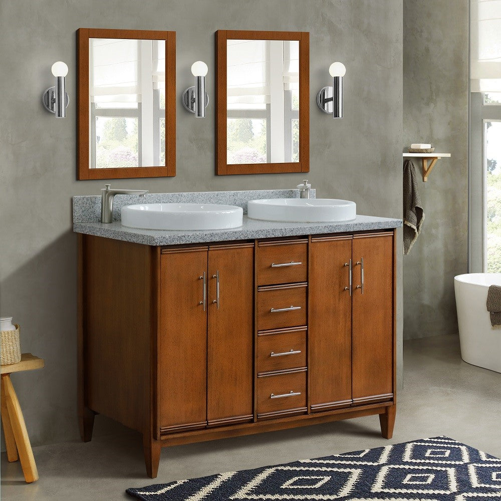 Bellaterra 49" Double Sink Vanity in Walnut Finish with Counter Top and Sink 400901-49D-WA, Gray Granite / Round, Front