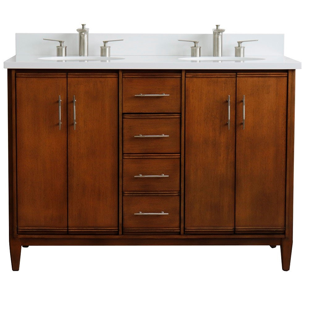 Bellaterra 49" Double Sink Vanity in Walnut Finish with Counter Top and Sink 400901-49D-WA, White Quartz / Oval, Front