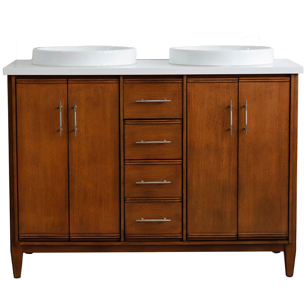 Bellaterra 49" Double Sink Vanity in Walnut Finish with Counter Top and Sink 400901-49D-WA, White Quartz / Round, Front