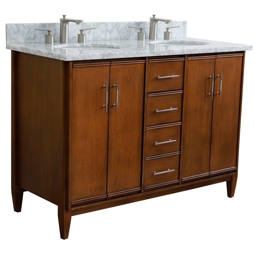 Bellaterra 49" Double Sink Vanity in Walnut Finish with Counter Top and Sink 400901-49D-WA, White Carrara Marble / Oval, Front