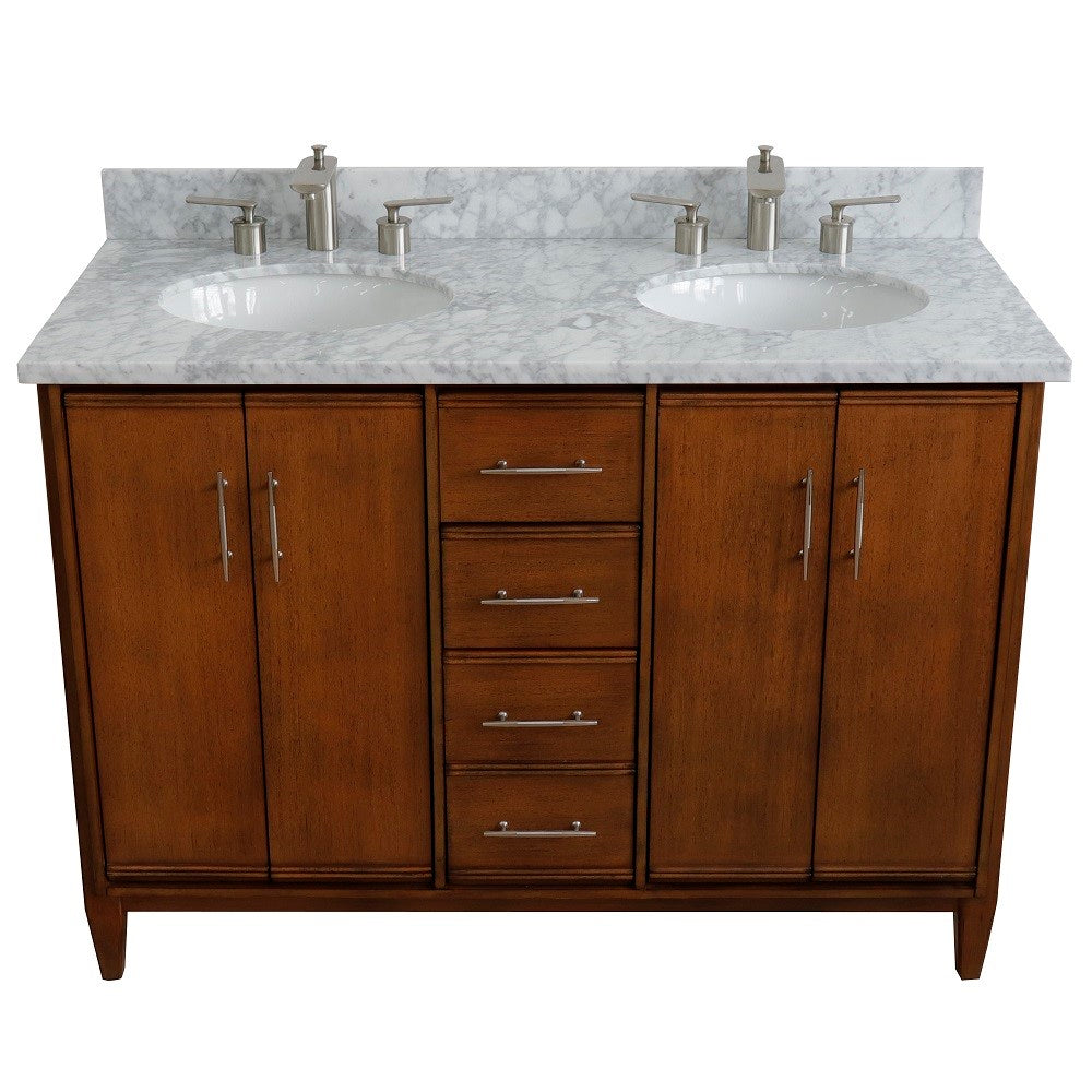 Bellaterra 49" Double Sink Vanity in Walnut Finish with Counter Top and Sink 400901-49D-WA, White Carrara Marble / Oval, Front Top