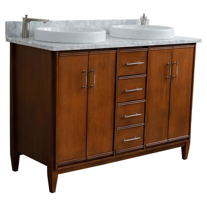 Bellaterra 49" Double Sink Vanity in Walnut Finish with Counter Top and Sink 400901-49D-WA, White Carrara Marble / Round, Front