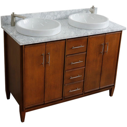 Bellaterra 49" Double Sink Vanity in Walnut Finish with Counter Top and Sink 400901-49D-WA, White Carrara Marble / Round, Top Front