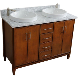 Bellaterra 49" Double Sink Vanity in Walnut Finish with Counter Top and Sink 400901-49D-WA, White Carrara Marble / Round, Top Front