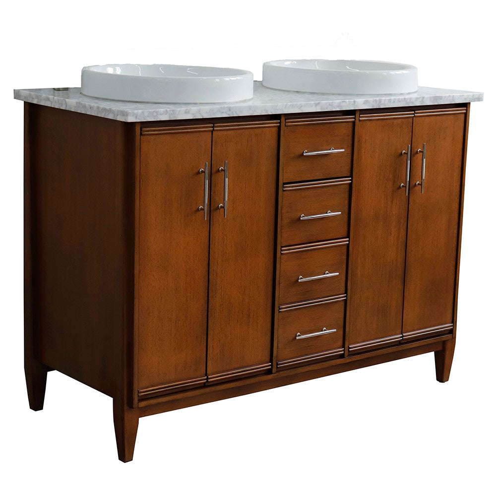 Bellaterra 49" Double Sink Vanity in Walnut Finish with Counter Top and Sink 400901-49D-WA, White Carrara Marble / Round, Front