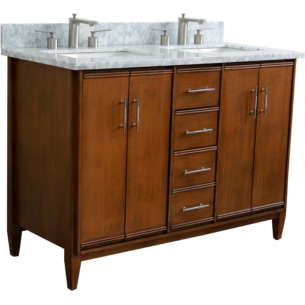 Bellaterra 49" Double Sink Vanity in Walnut Finish with Counter Top and Sink 400901-49D-WA, White Carrara Marble / Rectangle, Front