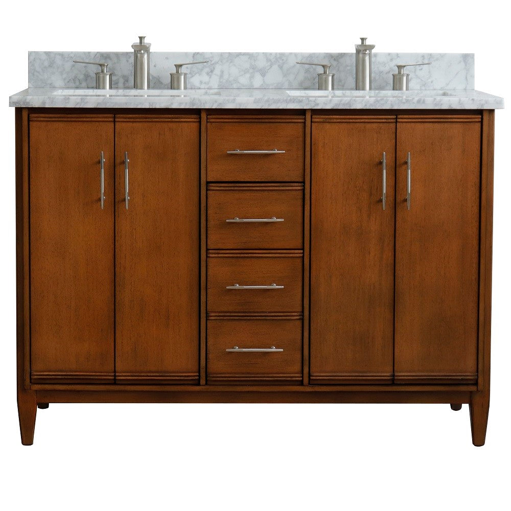 Bellaterra 49" Double Sink Vanity in Walnut Finish with Counter Top and Sink 400901-49D-WA, White Carrara Marble / Rectangle, Front