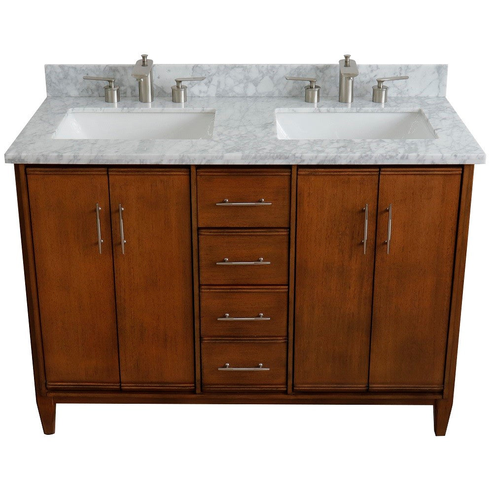 Bellaterra 49" Double Sink Vanity in Walnut Finish with Counter Top and Sink 400901-49D-WA, White Carrara Marble / Rectangle, Front