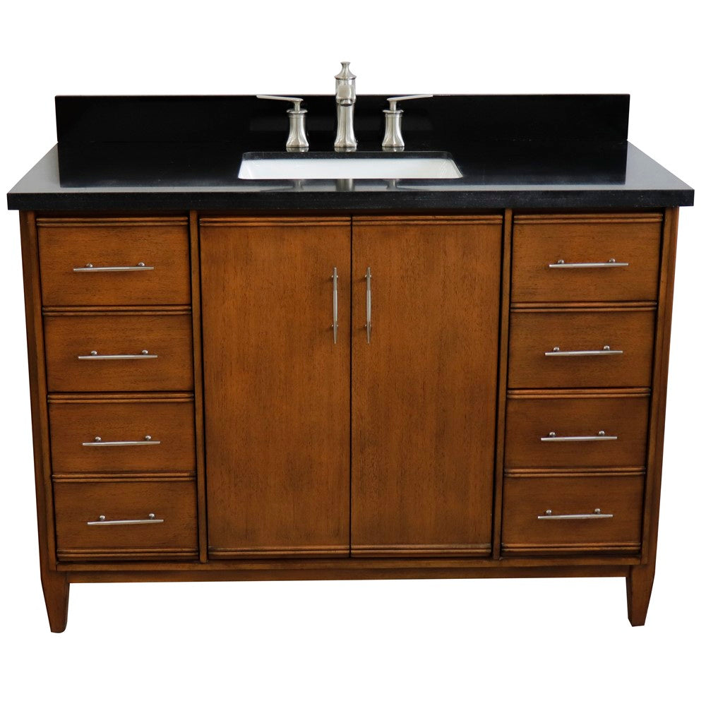 Bellaterra 49" Single Sink Vanity in Walnut Finish with Counter Top and Sink 400901-49S-WA, Black Galaxy Granite / Rectangle, Front