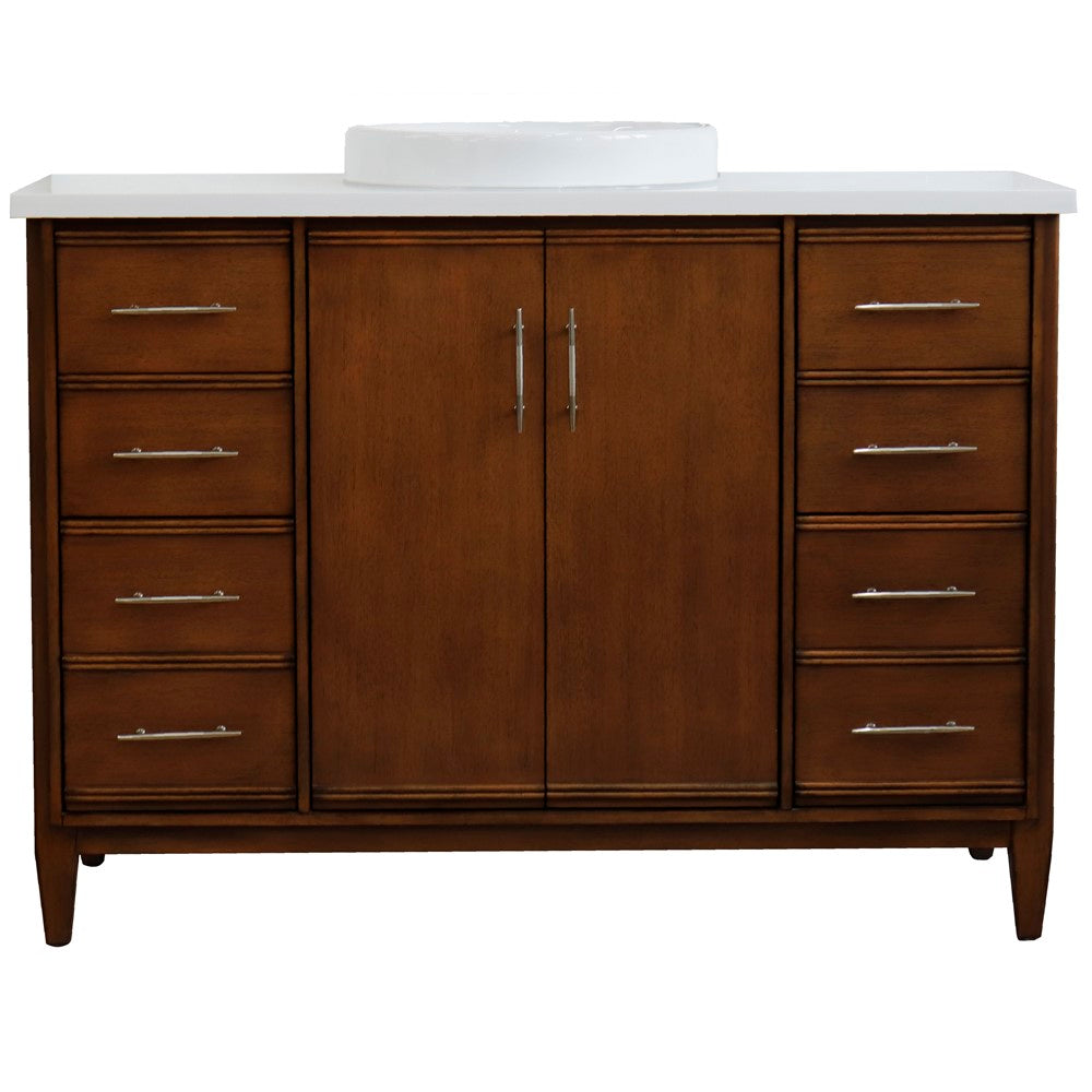 Bellaterra 49" Single Sink Vanity in Walnut Finish with Counter Top and Sink 400901-49S-WA, White Quartz / Round, Front