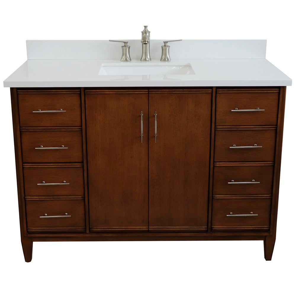 Bellaterra 49" Single Sink Vanity in Walnut Finish with Counter Top and Sink 400901-49S-WA, White Quartz / Rectangle, Front