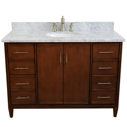 Bellaterra 49" Single Sink Vanity in Walnut Finish with Counter Top and Sink 400901-49S-WA, White Carrara Marblee / Oval, Front