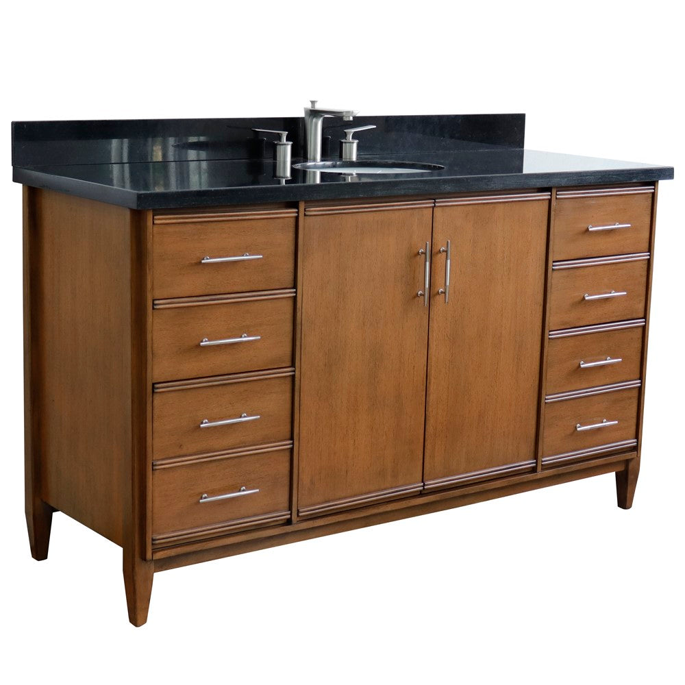 Bellaterra 61" Single Sink Vanity in Walnut Finish with Counter Top and Sink 400901-61S-WA, Black Galaxy Granite / Oval, Front