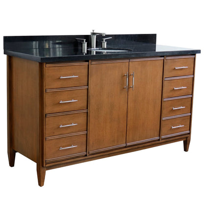 Bellaterra 61" Single Sink Vanity in Walnut Finish with Counter Top and Sink 400901-61S-WA, Black Galaxy Granite / Oval, Front