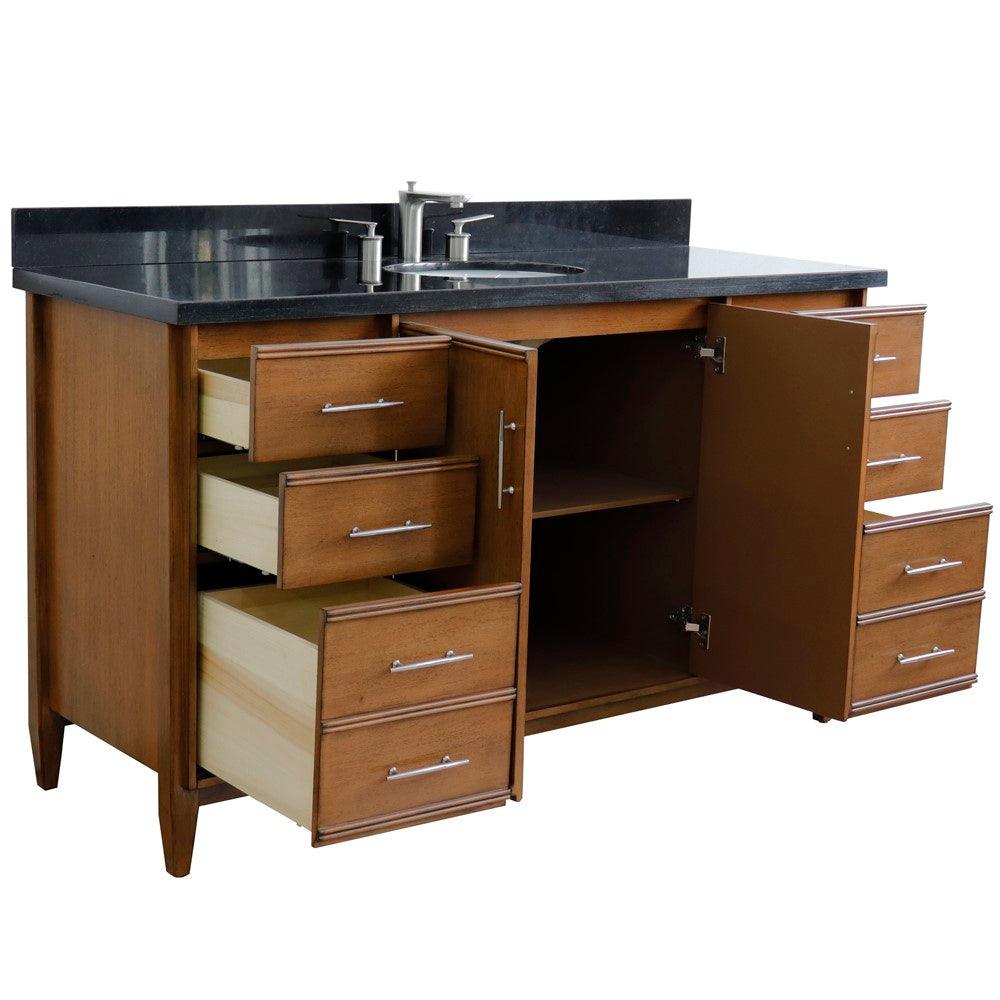 Bellaterra 61" Single Sink Vanity in Walnut Finish with Counter Top and Sink 400901-61S-WA, Black Galaxy Granite / Oval, Open