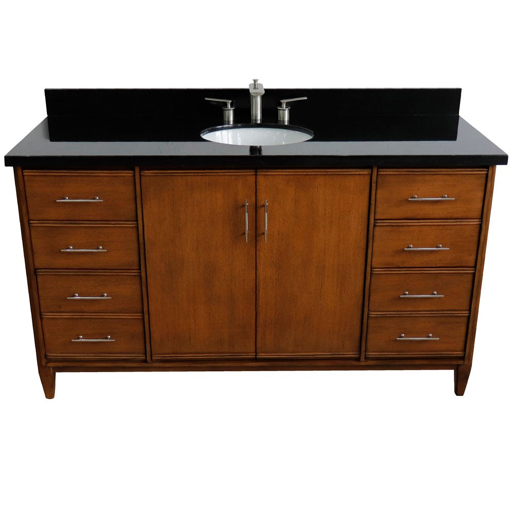 Bellaterra 61" Single Sink Vanity in Walnut Finish with Counter Top and Sink 400901-61S-WA, Black Galaxy Granite / Oval, Front