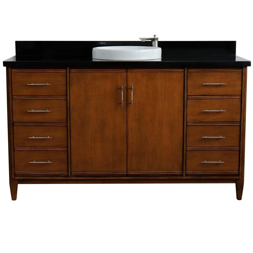 Bellaterra 61" Single Sink Vanity in Walnut Finish with Counter Top and Sink 400901-61S-WA, Black Galaxy Granite / Round, Front