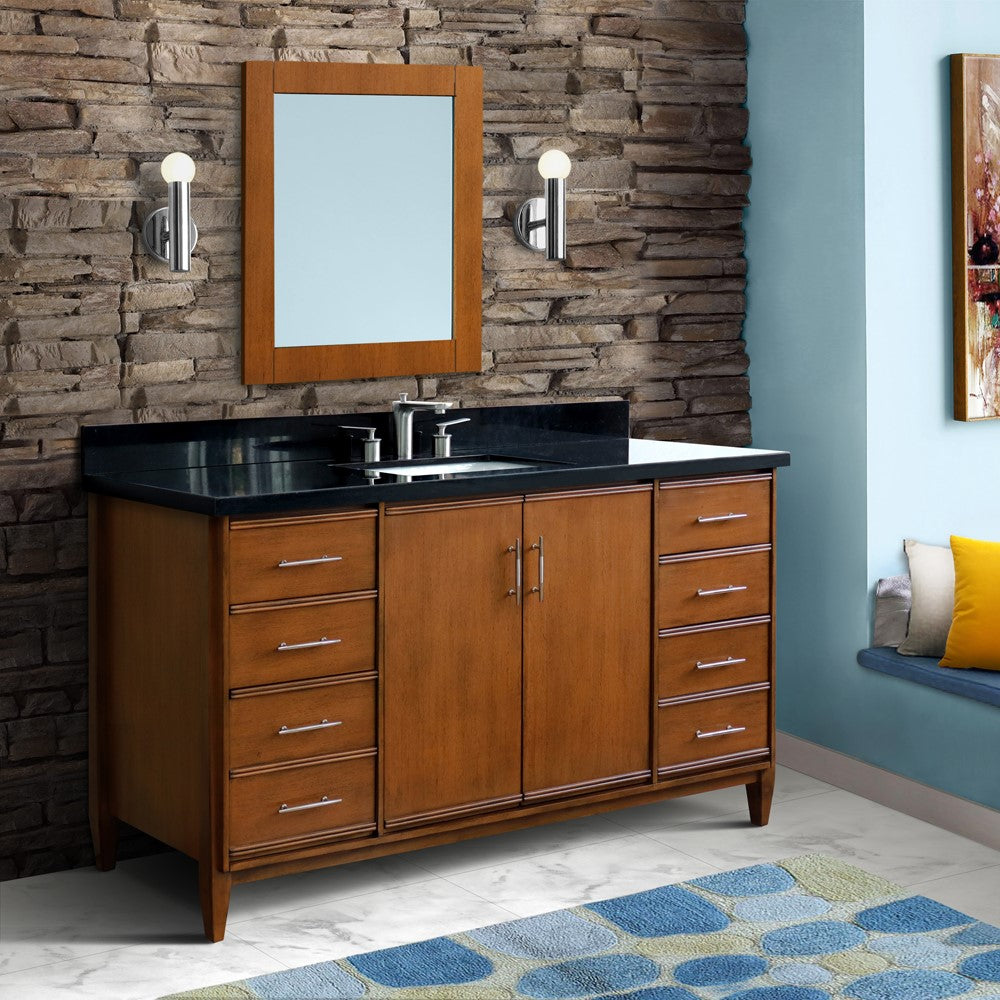 Bellaterra 61" Single Sink Vanity in Walnut Finish with Counter Top and Sink 400901-61S-WA, Black Galaxy Granite / Rectangle, Front