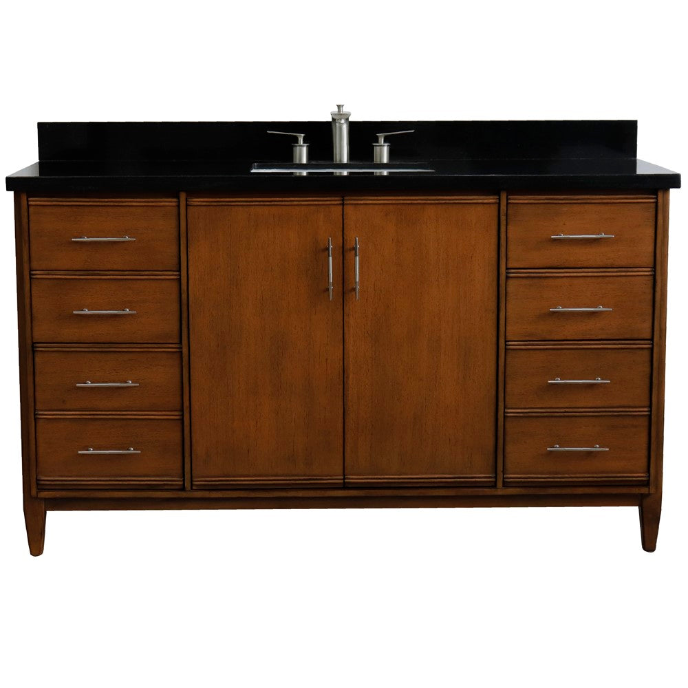 Bellaterra 61" Single Sink Vanity in Walnut Finish with Counter Top and Sink 400901-61S-WA, Black Galaxy Granite / Rectangle, Front