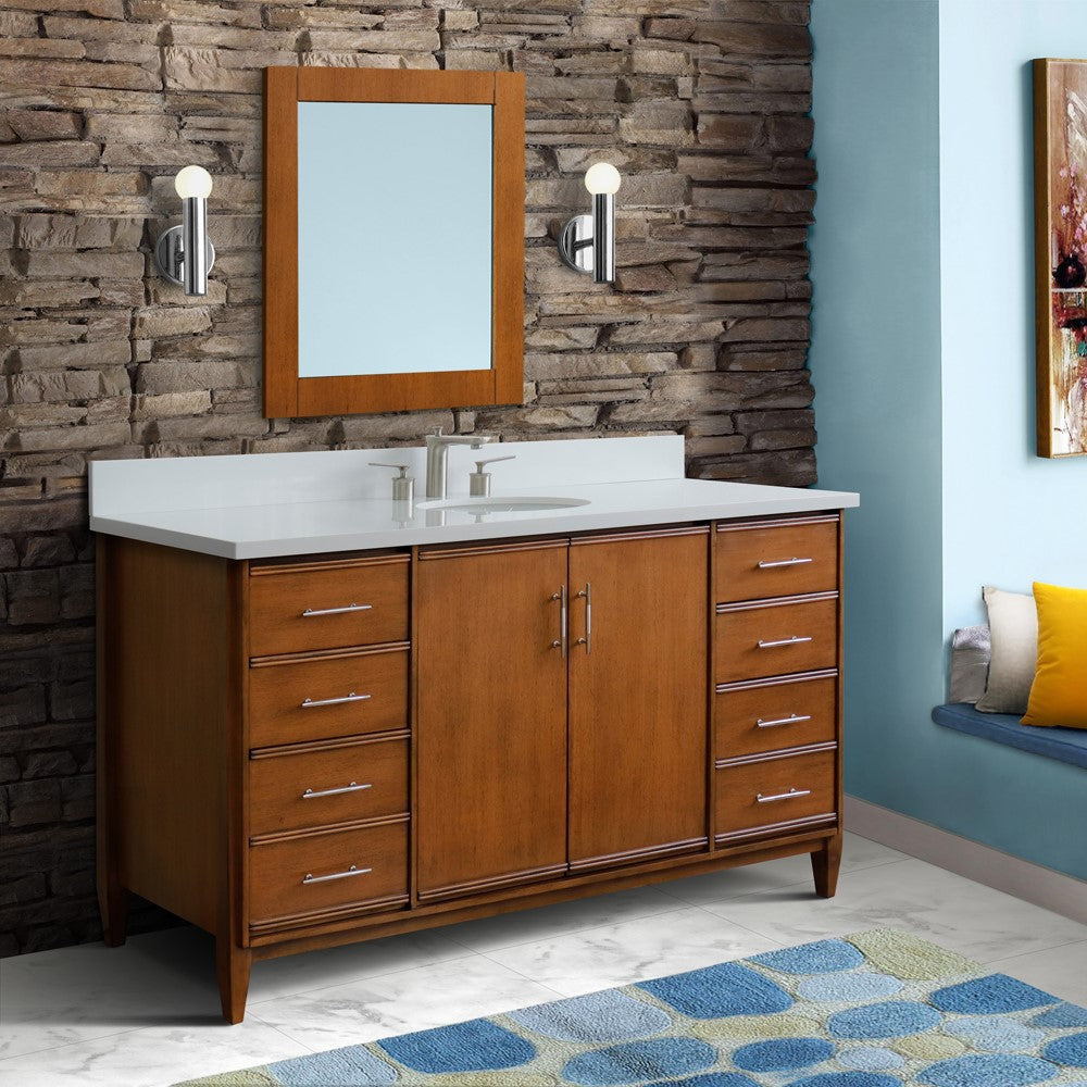 Bellaterra 61" Single Sink Vanity in Walnut Finish with Counter Top and Sink 400901-61S-WA, White Quartz / Oval, Front