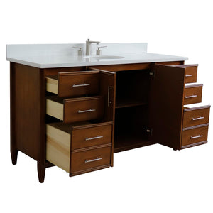 Bellaterra 61" Single Sink Vanity in Walnut Finish with Counter Top and Sink 400901-61S-WA, White Quartz / Oval, Open