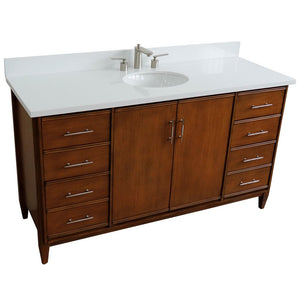 Bellaterra 61" Single Sink Vanity in Walnut Finish with Counter Top and Sink 400901-61S-WA, White Quartz / Oval, Front Top