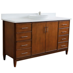 Bellaterra 61" Single Sink Vanity in Walnut Finish with Counter Top and Sink 400901-61S-WA, White Quartz / Round, Front sideview
