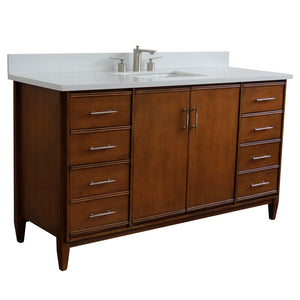 Bellaterra 61" Single Sink Vanity in Walnut Finish with Counter Top and Sink 400901-61S-WA, White Quartz / Rectangle, Front