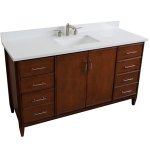 Bellaterra 61" Single Sink Vanity in Walnut Finish with Counter Top and Sink 400901-61S-WA, White Quartz / Rectangle, Front Top