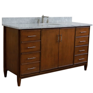 Bellaterra 61" Single Sink Vanity in Walnut Finish with Counter Top and Sink 400901-61S-WA, White Carrara Marble / Oval, Front Sideview