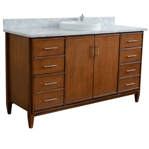Bellaterra 61" Single Sink Vanity in Walnut Finish with Counter Top and Sink 400901-61S-WA, White Carrara Marble / Round, Front