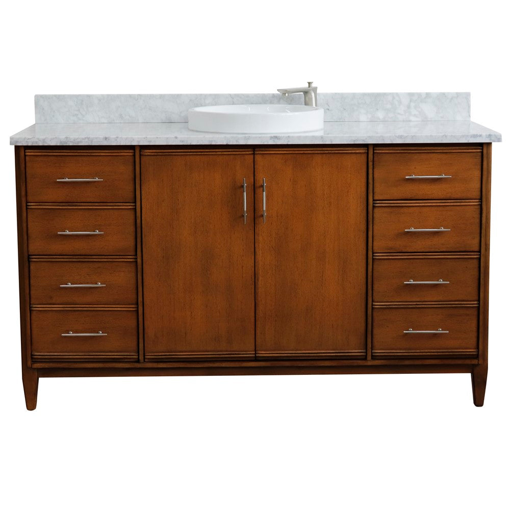 Bellaterra 61" Single Sink Vanity in Walnut Finish with Counter Top and Sink 400901-61S-WA, White Carrara Marble / Round, Front