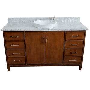 Bellaterra 61" Single Sink Vanity in Walnut Finish with Counter Top and Sink 400901-61S-WA, White Carrara Marble / Round, Front Top