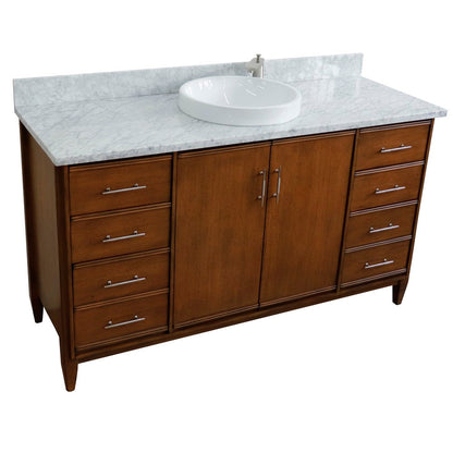 Bellaterra 61" Single Sink Vanity in Walnut Finish with Counter Top and Sink 400901-61S-WA, White Carrara Marble / Round, Front