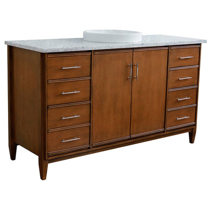 Bellaterra 61" Single Sink Vanity in Walnut Finish with Counter Top and Sink 400901-61S-WA, White Carrara Marble / Round, Front