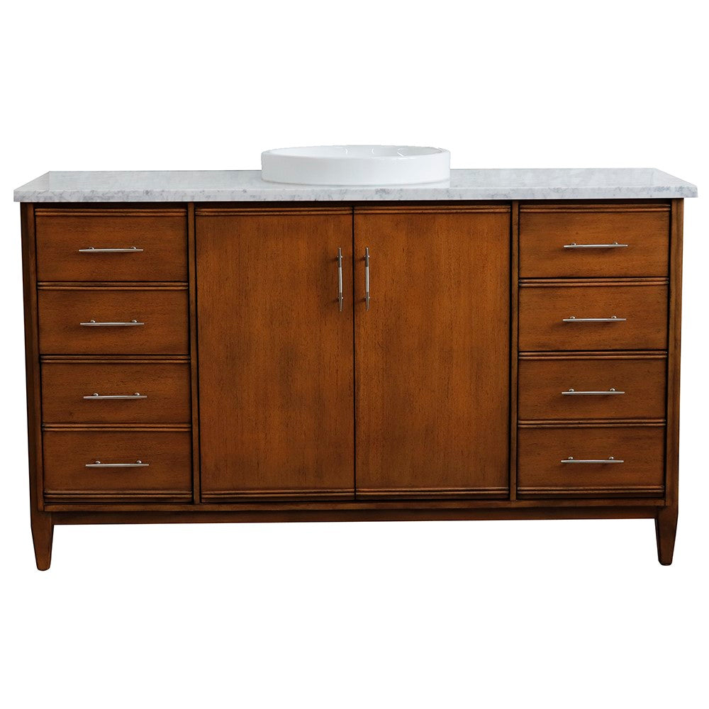 Bellaterra 61" Single Sink Vanity in Walnut Finish with Counter Top and Sink 400901-61S-WA, White Carrara Marble / Round, Front