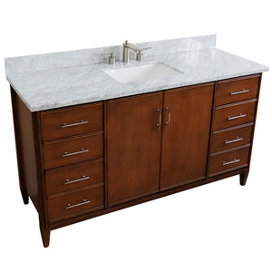 Bellaterra 61" Single Sink Vanity in Walnut Finish with Counter Top and Sink 400901-61S-WA, White Carrara Marble / Rectangle, Front Top view